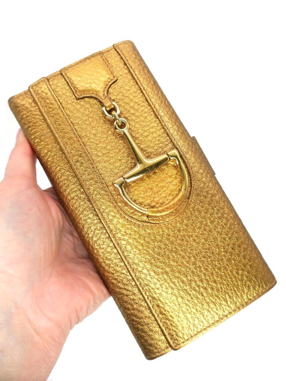 GUCCI Hasler Horsebit Metallic Leather Wallet Gold Bronze - Picture 1 of 8